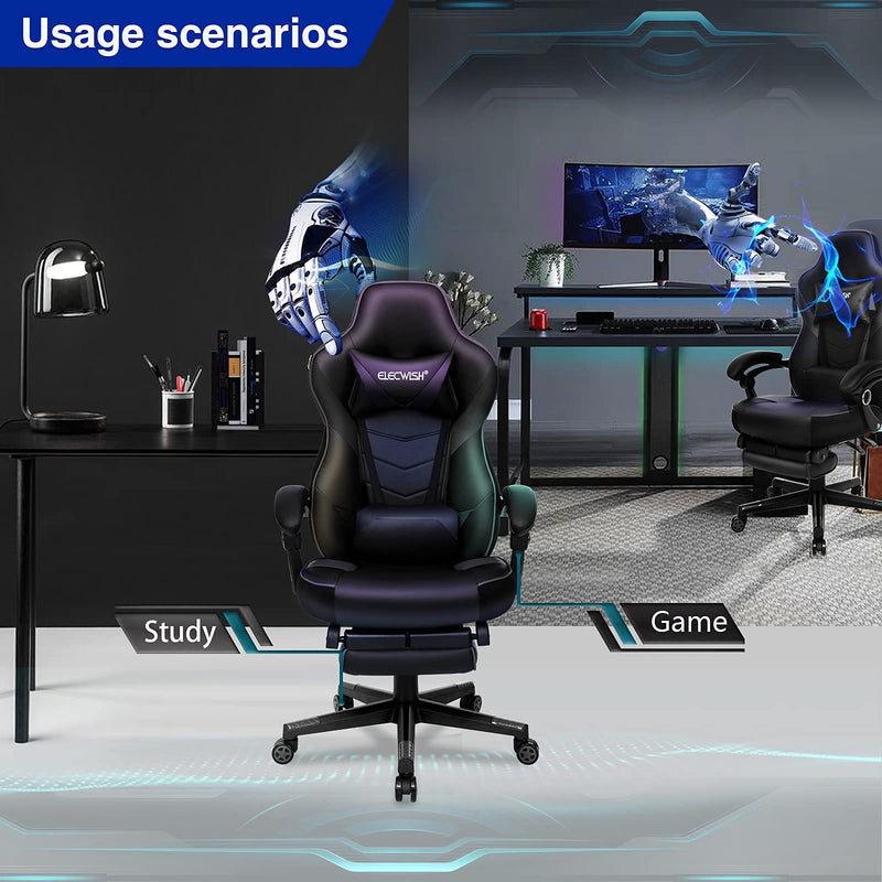 Fullwatt Racing Gaming Chair for adults with Footrest and Lumbar Pillow, Swivel Height Adjustable Reclining PU Leather Video Game Chair, Ergonomic E-Sports Gaming Chair Big and Tall(Black)