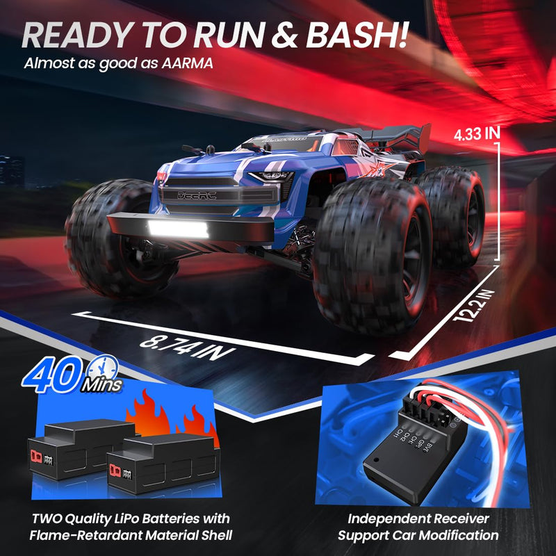 DEERC Brushless Extreme High Speed RC Truck, 1:16 4X4 RTR Fast RC Cars for Adults, Max 42mph All Terrains RC Monster Truck, Off Road Hobby Electric Vehicle Gift for Boys, 2 Battery