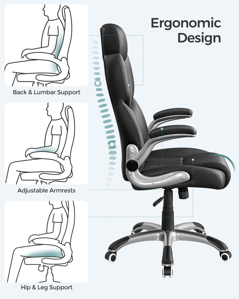 SONGMICS Office Chair, Ergonomic Gaming Chair, Adjustable Headrest, Tilt Function, Foldable Armrests, Swivel Castors, Adjustable Height, E-sports Chair, Ink Black OBG65BKUK