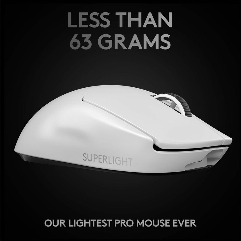 Logitech G PRO X SUPERLIGHT Wireless Gaming Mouse, HERO 25K Sensor, Ultra-light with 63g, 5 Programmable Buttons, 70 hours Battery Life, Zero Additive PTFE Feet, PC/Mac - White