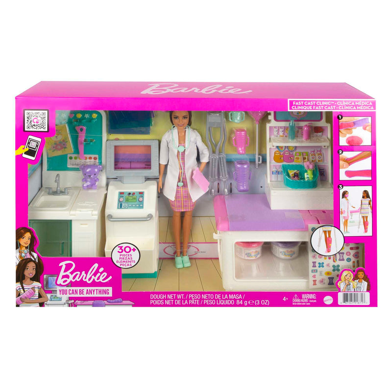 Barbie You Can Be Anything Doll, Fast Cast Clinic Playset with Brunette Barbie Doll, Press Dough for Cast and Bandage Wrap, 30 Doll Accessories, Toys for Ages 3 and Up, One Doll, HFT68