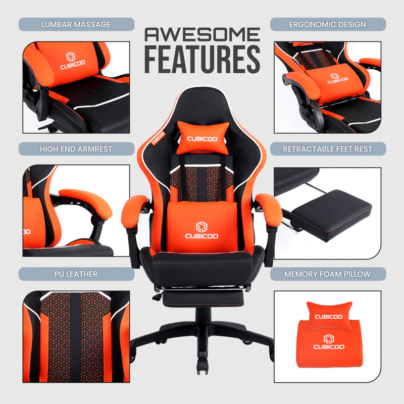 CUBICOD Gaming Chair With Footrest, Computer Ergonomic Video Game Chair, Backrest, Seat Height Adjustable, Lumbar Support, Massage, Swivel Task Chair for Adults (Model Quantum, Black - Orange)