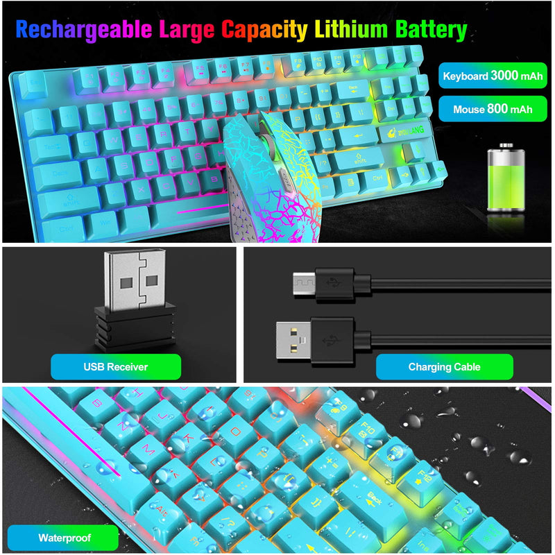 Wireless Keyboard Mouse Combo, Rainbow Backlit 2.4G Rechargeable 3800mAh Battery 87 Keys Gaming Keyboard + 2400DPI 6 Buttons Optical LED Gaming Wireless Mouse + Mouse Pad, for PC Mac, Game, Blue
