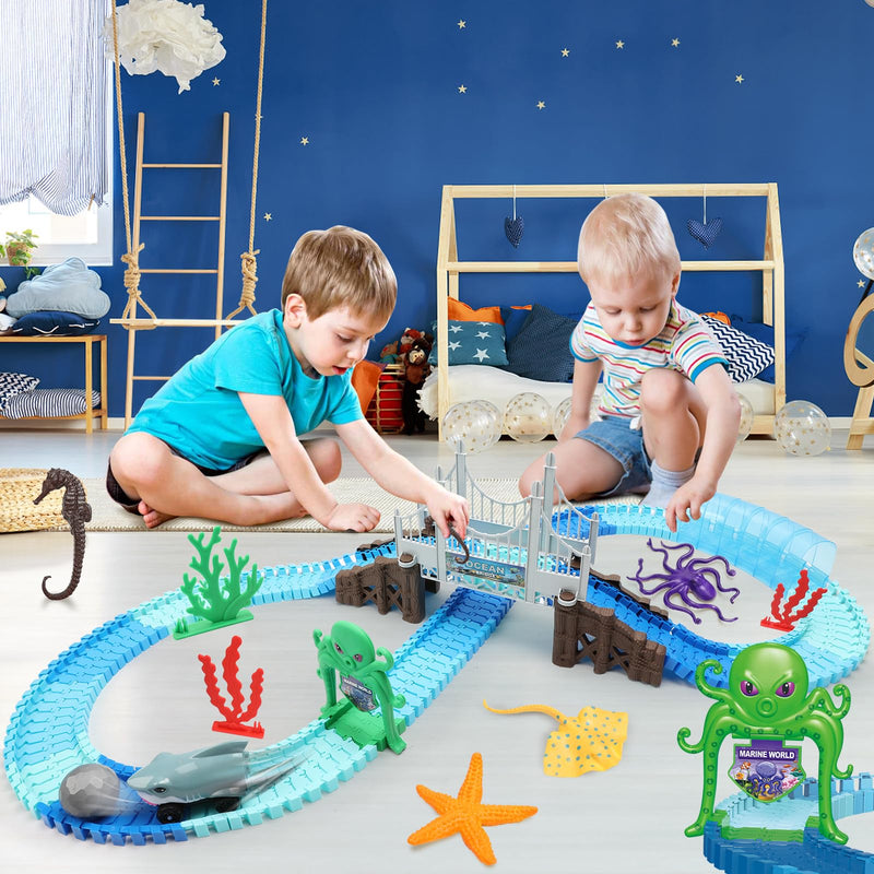 VATOS Track Toys, 183 Pcs Race Car Toys for Boys Girls 3 4 5 6 7 9 Year, Bendable Flexible Racetrack Cars with Shark & Ball, Ocean Theme Train Toys, STEM Educational Playset Birthday Gift