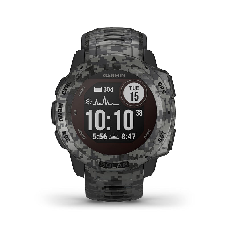Garmin Instinct SOLAR, Rugged GPS Smartwatch, Built-in Sports Apps and Health Monitoring, Solar Charging and Ultratough Design Features, Graphite Camo