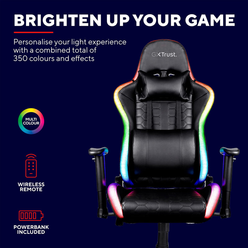 Trust Gaming Chair with RGB LED-illuminated Edges GXT 716 Rizza - Ergonomic PC Desk Swivel Chair with 350 Colours and Effects, Full Rotatable Seating, 175° Tiltable Backrest - Black