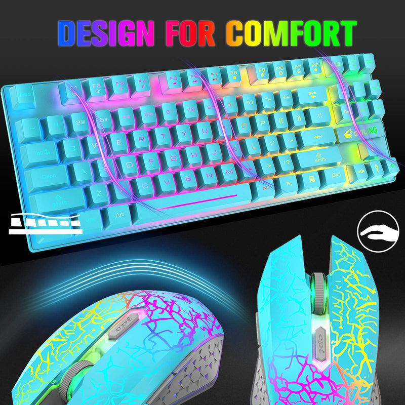 Wireless Keyboard Mouse Combo, Rainbow Backlit 2.4G Rechargeable 3800mAh Battery 87 Keys Gaming Keyboard + 2400DPI 6 Buttons Optical LED Gaming Wireless Mouse + Mouse Pad, for PC Mac, Game, Blue