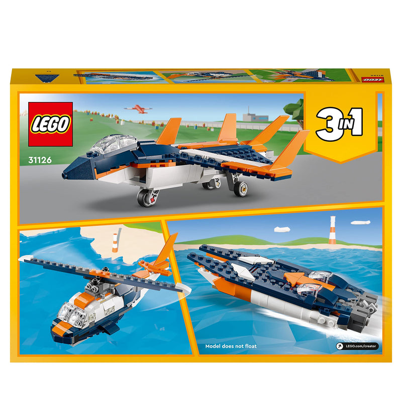 LEGO 31126 Creator 3in1 Supersonic Jet Plane to Helicopter to Speed Boat Toy Set, Buildable Vehicle Models for Kids, Boys and Girls 7 Plus Years Old