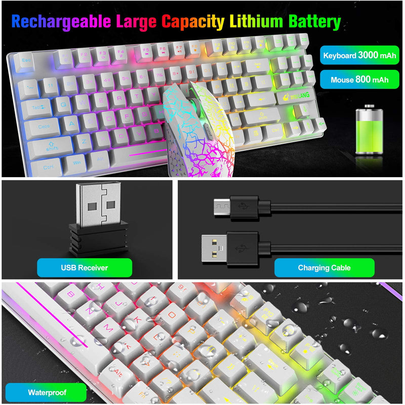 RGB Wireless Gaming Keyboard and Mouse, 87 Key Rainbow LED Backlit 2.4G Rechargeable 3800mAh Battery Mechanical Feel Gaming Keyboard + LED Gaming Wireless Mouse + Mouse Pad, for Gamer or Office, White