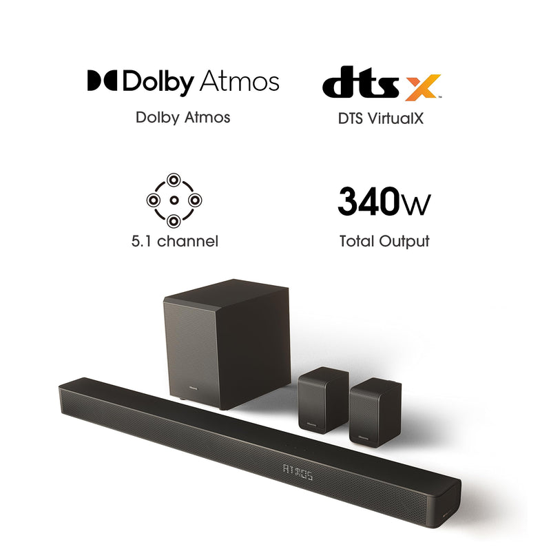 Hisense AX5100G 5.1 Channel 340W Dobly Atmos Soundbar with wireless subwoofer and rear speakers , Black