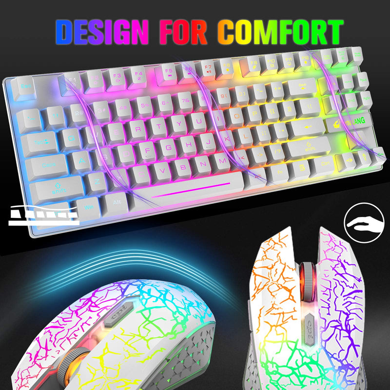 RGB Wireless Gaming Keyboard and Mouse, 87 Key Rainbow LED Backlit 2.4G Rechargeable 3800mAh Battery Mechanical Feel Gaming Keyboard + LED Gaming Wireless Mouse + Mouse Pad, for Gamer or Office, White