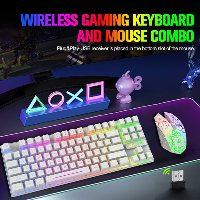 RGB Wireless Gaming Keyboard and Mouse, 87 Key Rainbow LED Backlit 2.4G Rechargeable 3800mAh Battery Mechanical Feel Gaming Keyboard + LED Gaming Wireless Mouse + Mouse Pad, for Gamer or Office, White