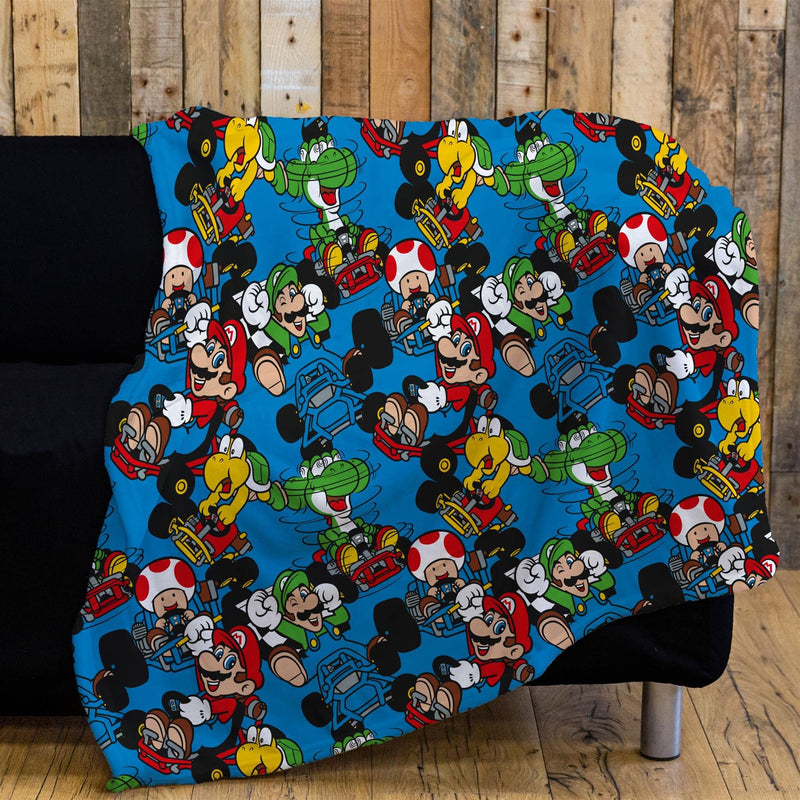 Nintendo Super Mario Vroom Fleece Throw | Mario Kart Design Super Soft Blanket | Perfect for Any Bedroom, 120 x 150cm, Blue