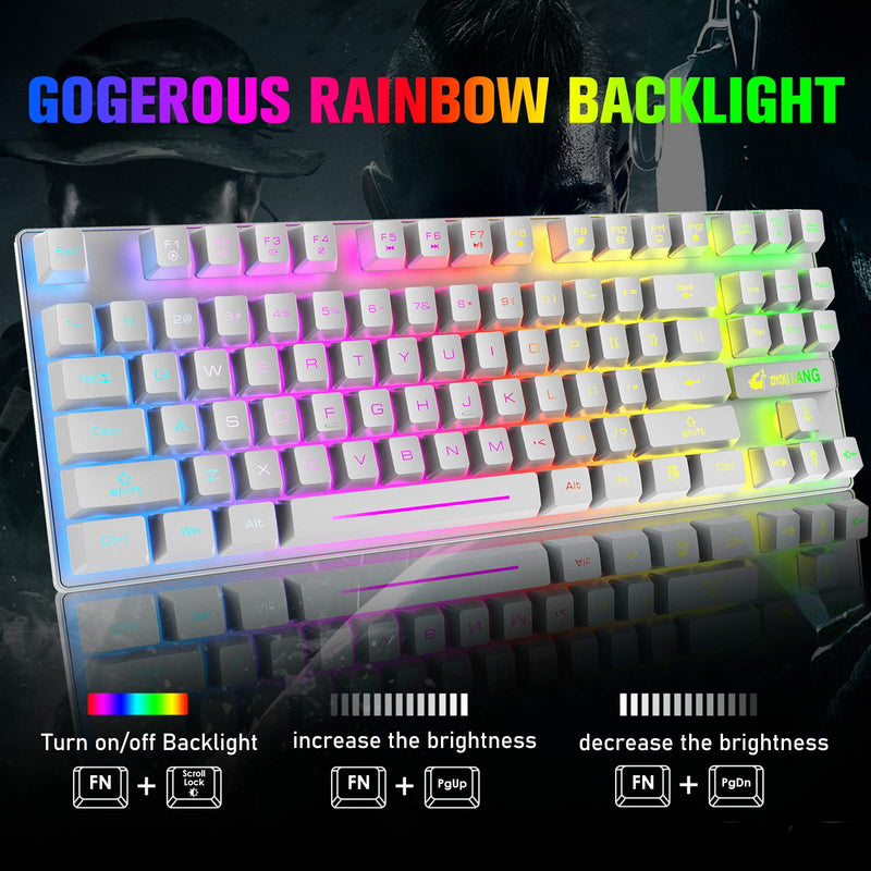 RGB Wireless Gaming Keyboard and Mouse, 87 Key Rainbow LED Backlit 2.4G Rechargeable 3800mAh Battery Mechanical Feel Gaming Keyboard + LED Gaming Wireless Mouse + Mouse Pad, for Gamer or Office, White