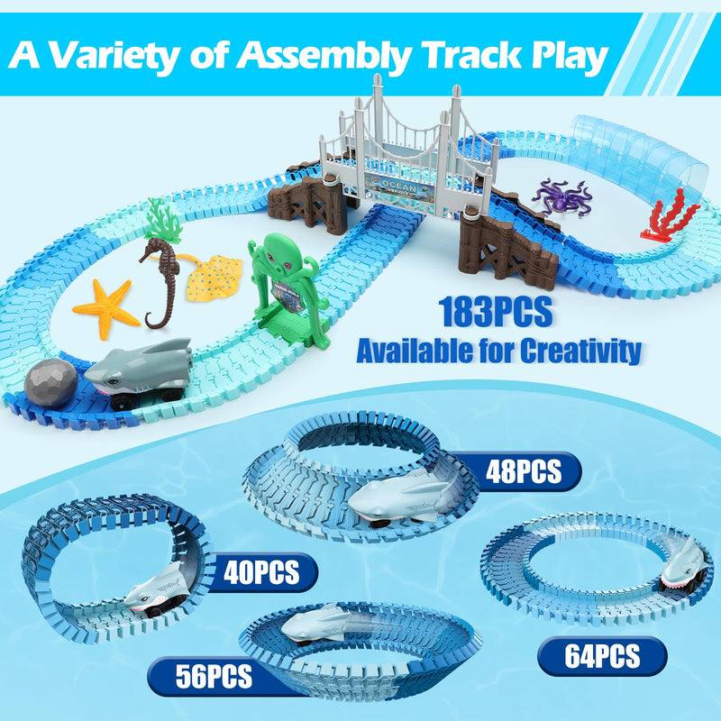 VATOS Track Toys, 183 Pcs Race Car Toys for Boys Girls 3 4 5 6 7 9 Year, Bendable Flexible Racetrack Cars with Shark & Ball, Ocean Theme Train Toys, STEM Educational Playset Birthday Gift