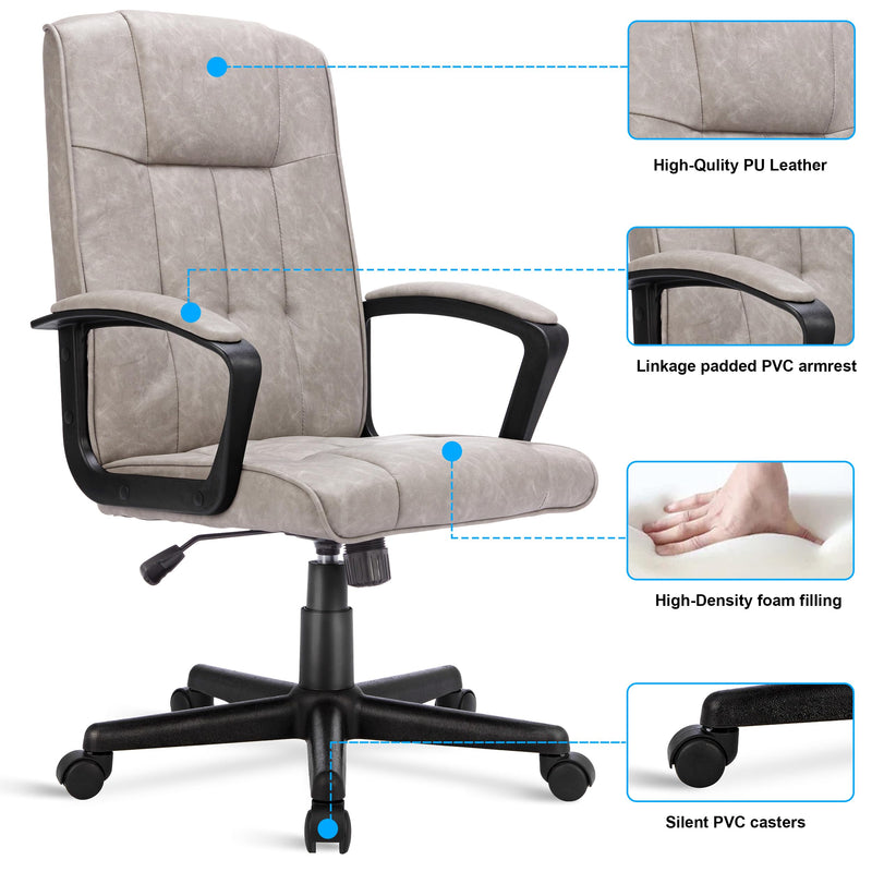 Blisswood Executive Office Chair, Ergonomic Computer Desk Chair Adjustable Back Rest Desk Chairs, Padded Armrest, Heavy Duty 360° Swivel Gaming Chair PU Leather Pc Work Chair (Waxi Grey)