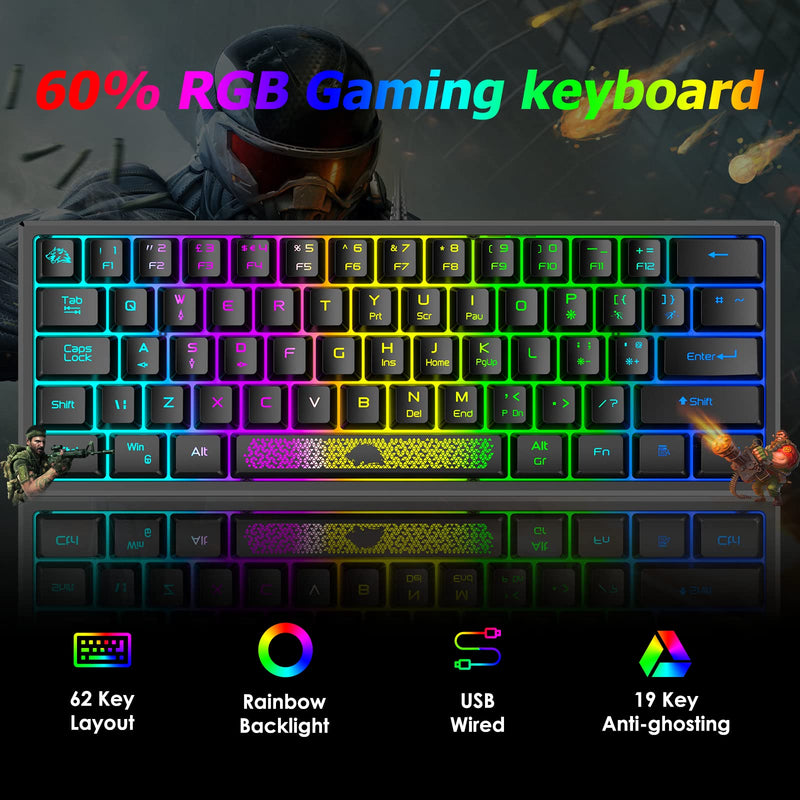 LexonElec K61-60% Percent Compact [UK Layout] Gaming Keyboard, RGB Illuminated LED Backlit Light up Wired Keyboard Mechanical Feel Ergonomic Shortcut for PC Laptop MAC ps4 Gamer Travel black