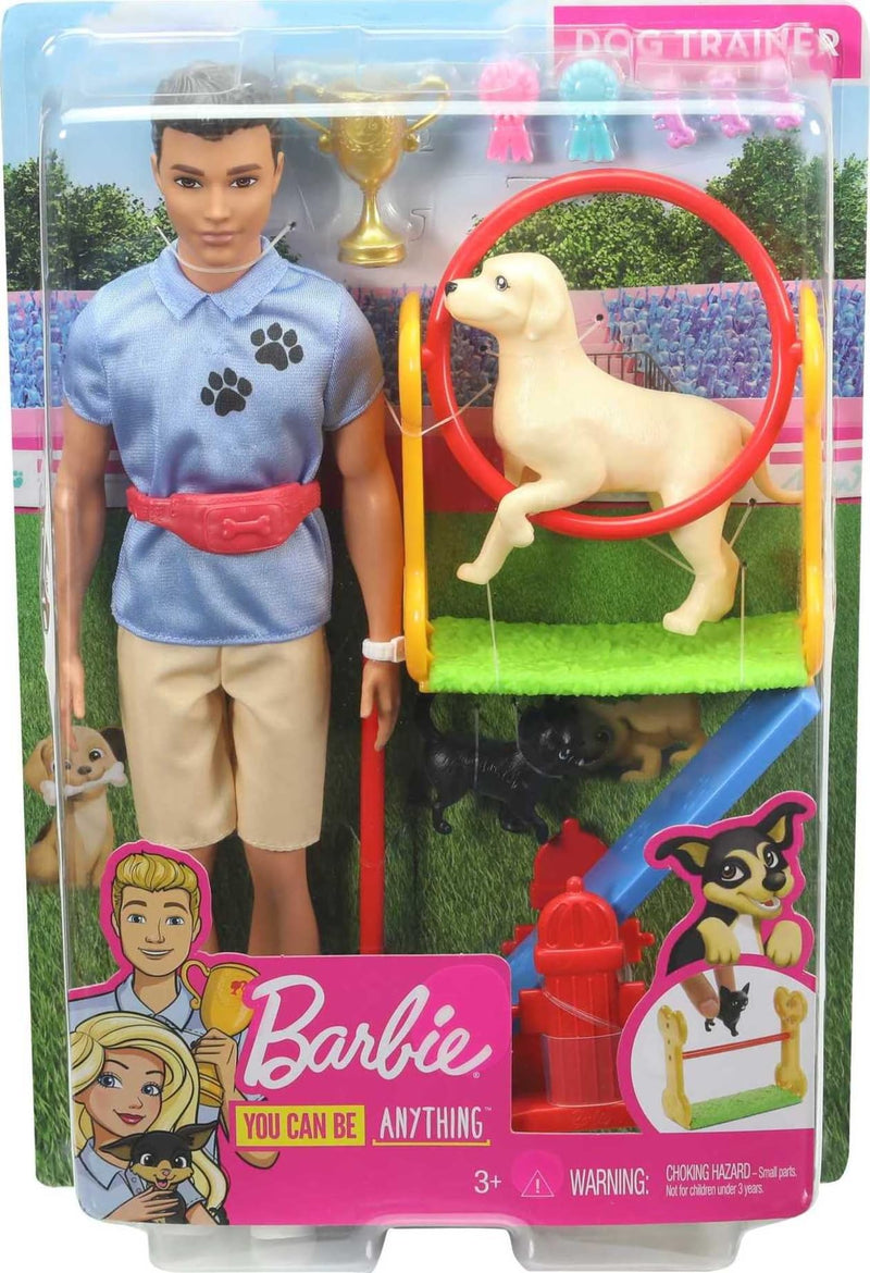 Barbie Ken Dog Trainer Playset with Doll, 2 Dog Figures, Hoop Ring, Balance Bar, Jumping Bar, Trophy and 2 Winner Ribbons for Ages 3 and Up, GJM34