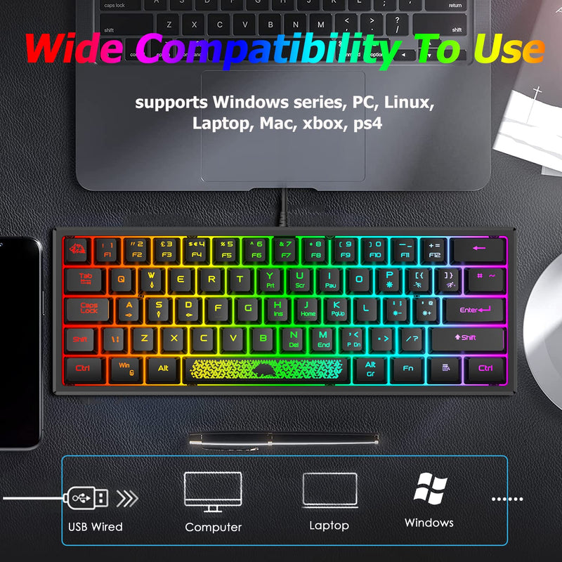 LexonElec K61-60% Percent Compact [UK Layout] Gaming Keyboard, RGB Illuminated LED Backlit Light up Wired Keyboard Mechanical Feel Ergonomic Shortcut for PC Laptop MAC ps4 Gamer Travel black