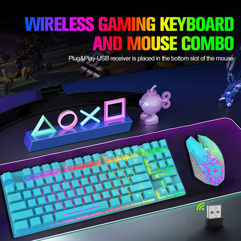 Wireless Keyboard Mouse Combo, Rainbow Backlit 2.4G Rechargeable 3800mAh Battery 87 Keys Gaming Keyboard + 2400DPI 6 Buttons Optical LED Gaming Wireless Mouse + Mouse Pad, for PC Mac, Game, Blue
