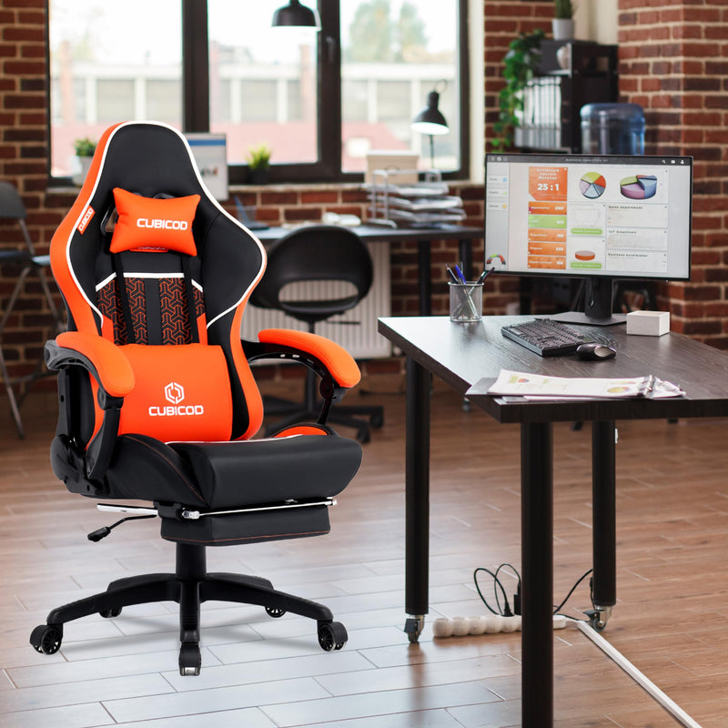 CUBICOD Gaming Chair With Footrest, Computer Ergonomic Video Game Chair, Backrest, Seat Height Adjustable, Lumbar Support, Massage, Swivel Task Chair for Adults (Model Quantum, Black - Orange)