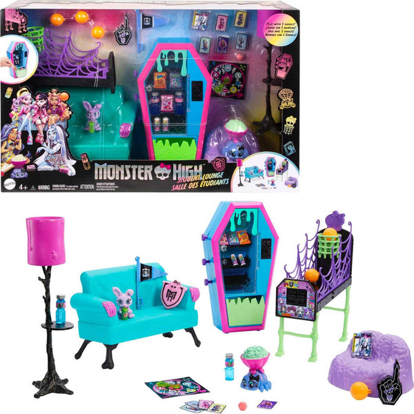 Monster High Student Lounge Playset, Doll House Furniture and Themed Accessories with Two Pets and Working Vending Machine, HRP57