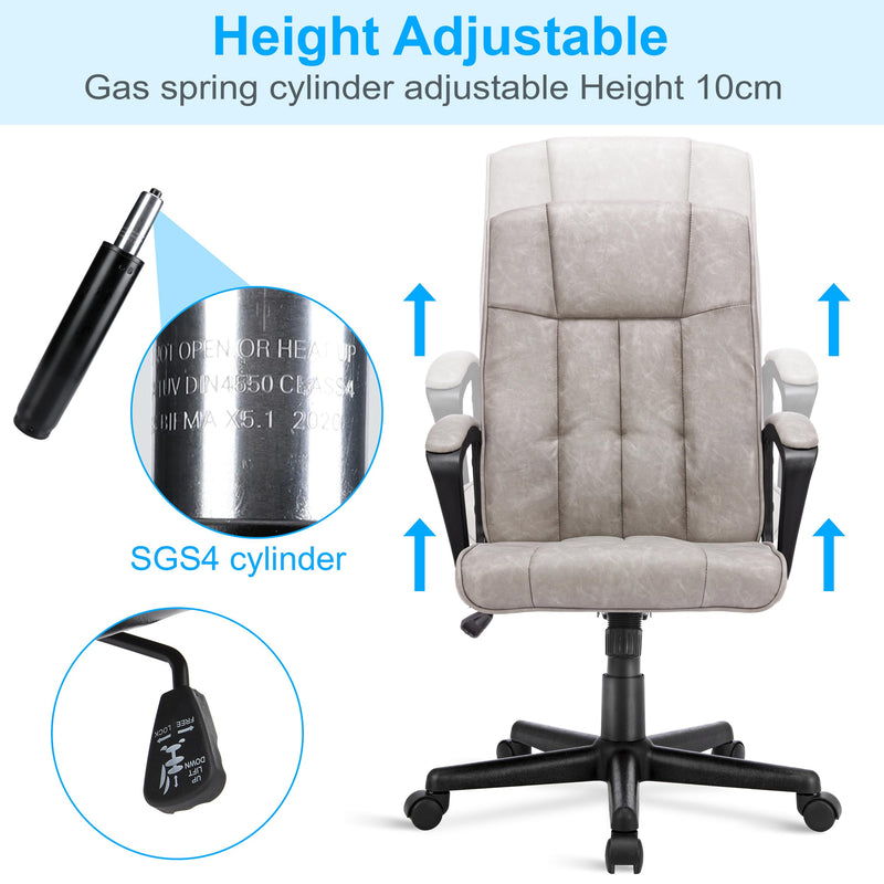 Blisswood Executive Office Chair, Ergonomic Computer Desk Chair Adjustable Back Rest Desk Chairs, Padded Armrest, Heavy Duty 360° Swivel Gaming Chair PU Leather Pc Work Chair (Waxi Grey)