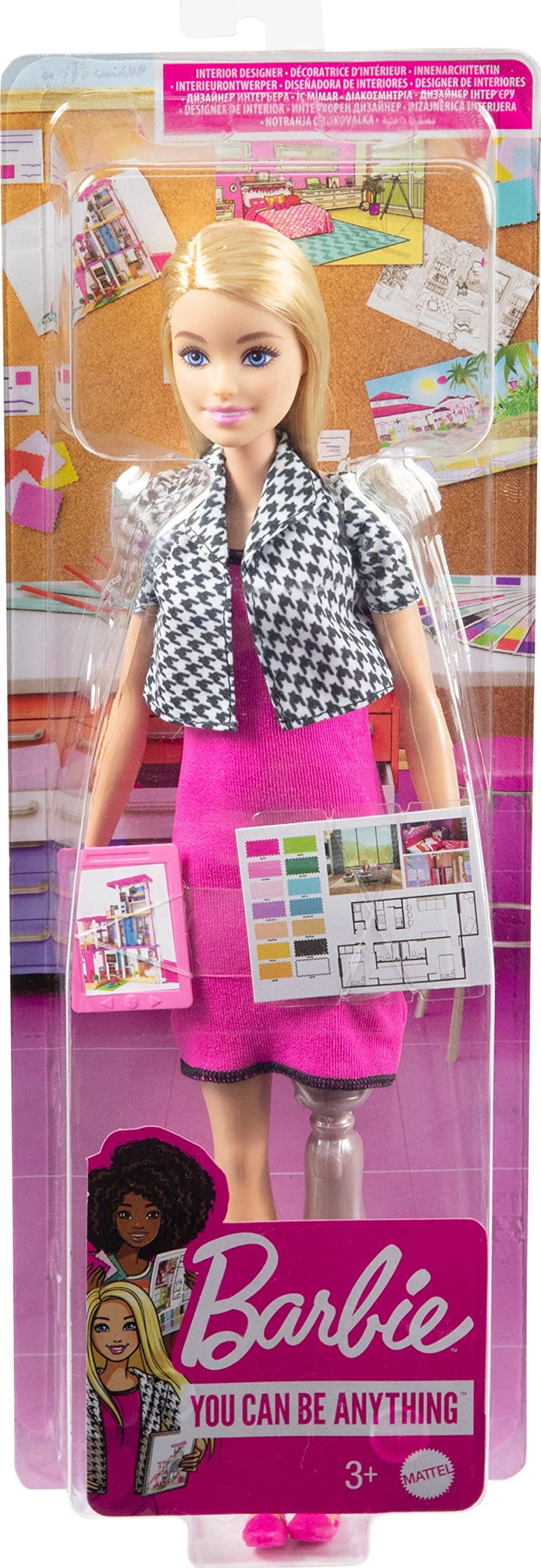 Barbie Interior Designer Doll, Blonde, Pink Dress & Houndstooth Jacket, Prosthetic Leg, Tablet & Design Sheet, Great Gift for Ages 3 Years Old & Up