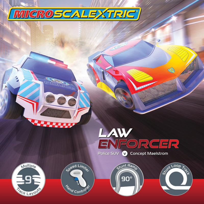 Micro Scalextric Sets for Kids Age 4+ - Law Enforcer Race Set - Mains Powered Electric Racing Track Set, Slot Car Race Tracks - Includes: 1x Race Set & 1x Ejector Lap Counter Accessory Pack