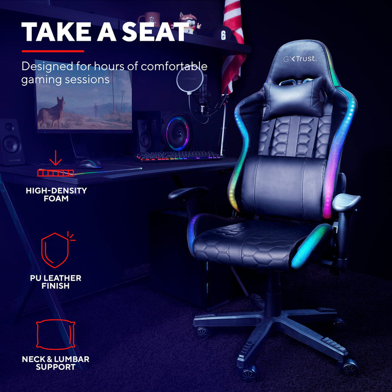 Trust Gaming Chair with RGB LED-illuminated Edges GXT 716 Rizza - Ergonomic PC Desk Swivel Chair with 350 Colours and Effects, Full Rotatable Seating, 175° Tiltable Backrest - Black