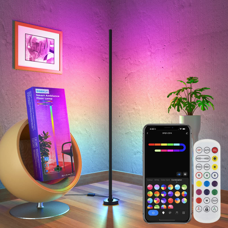 Gaoxun Smart LED Floor Lamp, RGBW Corner Floor Lamp with Remote, Wi-Fi App Control, Dimmable, Music Sync, Timer, DIY Modes, Color Changing Mood Lighting for Christmas, Living Room, Bedroom 120cm