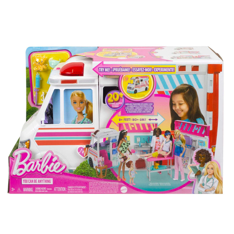 Barbie Ambulance and Hospital Playset, Emergency Vehicle with Lights and Sounds Transforms into Care Clinic, 20 Doll Accessories, Toys for Ages 3 and Up, One Barbie Vehicle, HKT79