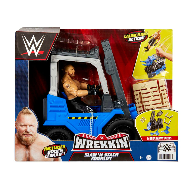 WWE MATTEL Wrekkin Slam N Stack Forklift Vehicle with Lifting Action and Breakable Parts, Includes 6-inch Brock Lesnar Basic Action Figure, Gift for Ages 6 Years Old & Up, HLM00