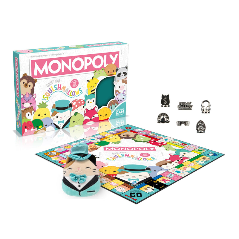 Winning Moves Squishmallows Monopoly Board Game Collectors Edition, Play with Fifi the Fox, Rosie the pig and Brock the Bulldog, includes an exclusive 4" Cam the Cat plush, great gift for ages 8 plus