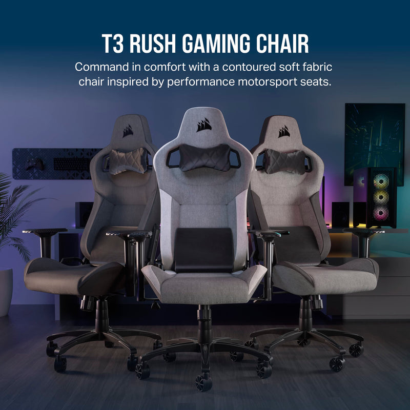 Corsair T3 RUSH Fabric Gaming Chair (2023) – Racing-Inspired Design – Soft Fabric Exterior – Padded Neck Cushion – Memory Foam Lumbar Support – Adjustable Seat Height – Charcoal