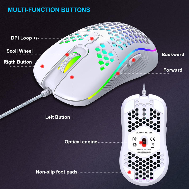 JYCSTE Wired gaming mouse, RGB backlighting and 7200 adjustable DPI, ergonomic and lightweight USB computer mouse with high-precision sensor for Windows PC & laptop gamers (White)