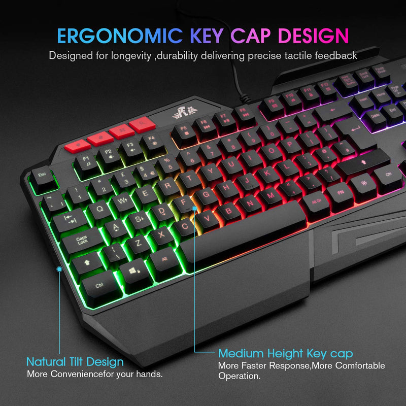 Rii RK202 Gaming Keyboard,LED Rainbow Backlit Light up Keyboard With Membrane Keys,Spill-Resistant,for PC Computer,Laptop,Windows,Gamer,Xbox one,PS4,PS5-UK Layout