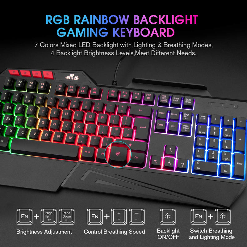 Rii RK202 Gaming Keyboard,LED Rainbow Backlit Light up Keyboard With Membrane Keys,Spill-Resistant,for PC Computer,Laptop,Windows,Gamer,Xbox one,PS4,PS5-UK Layout