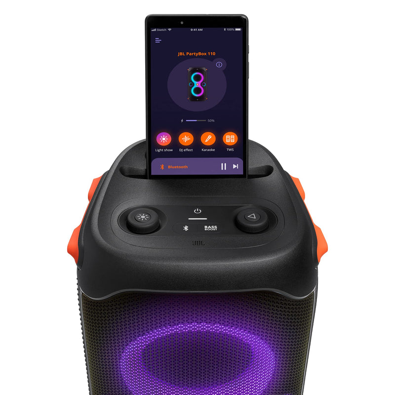 JBL PartyBox110 Portable Indoor and Outdoor Party Speaker with Built-In Lights, IPX4 Splashproof Design, Deep Bass and 12 Hours of Playtime, in Black