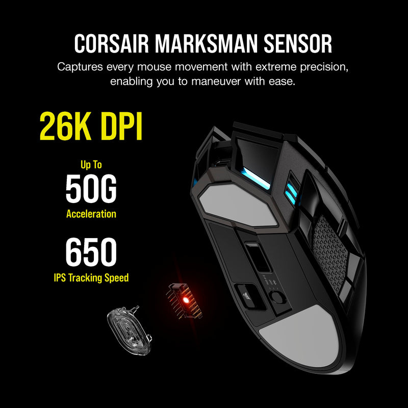 CORSAIR DARKSTAR RGB WIRELESS MMO Gaming Mouse – 26,000 DPI – 15 Programmable Buttons – Up to 80hrs Battery – iCUE Compatible – PC, PS5, PS4, Xbox – Black