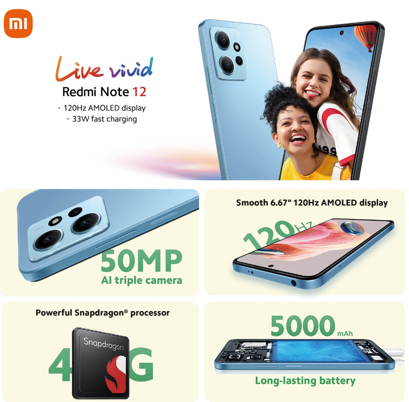 Xiaomi Redmi Note 12 Smartphone, 4+128GB, 6.67 Inch FHD+ AMOLED DotDisplay, 5,000 mAh, 50MP Camera, 33W Fast Charging, Dual SIM, Onyx Grey (UK Version 2 Year Warranty)