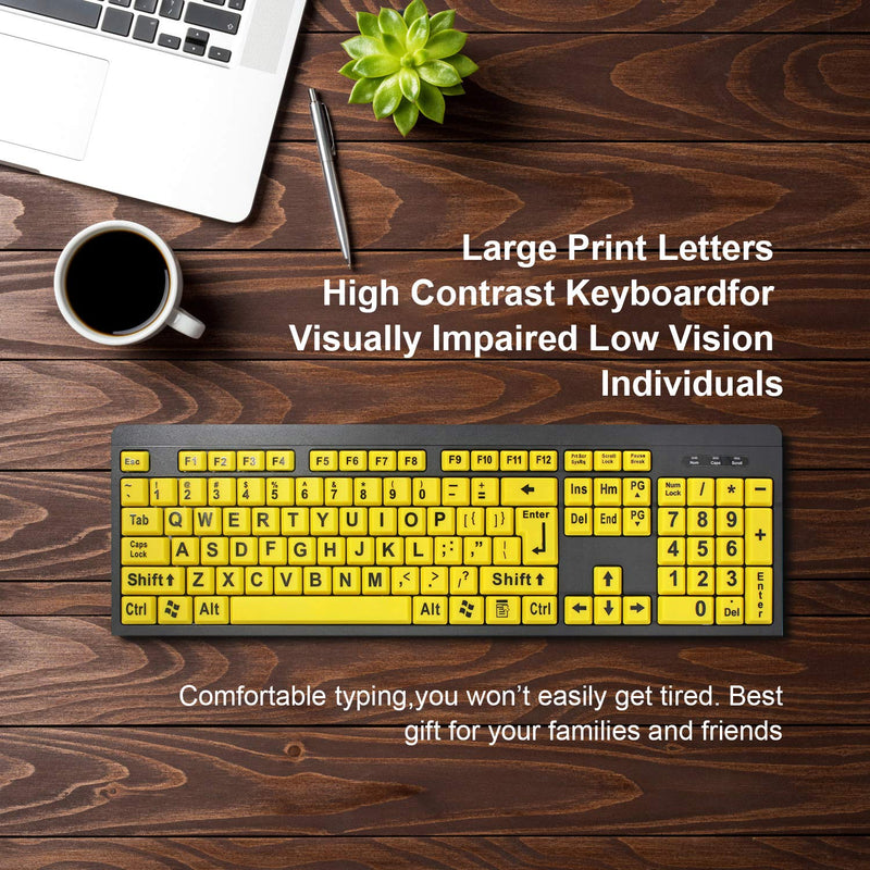 Large Print Computer Keyboard Wired USB High Visibility Keyboard, Elderly High Contrast Keyboard, Oversized Letter for Visually Impaired Low Vision Individuals (Yellow+Black)