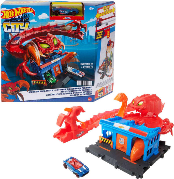 Hot Wheels City Scorpion Flex Attack with 1 Toy Car, Connects to Other Sets, Bendable Tail Track Extends 2.5 Feet, Gift for Kids 4 to 8 Years Old, HDR32