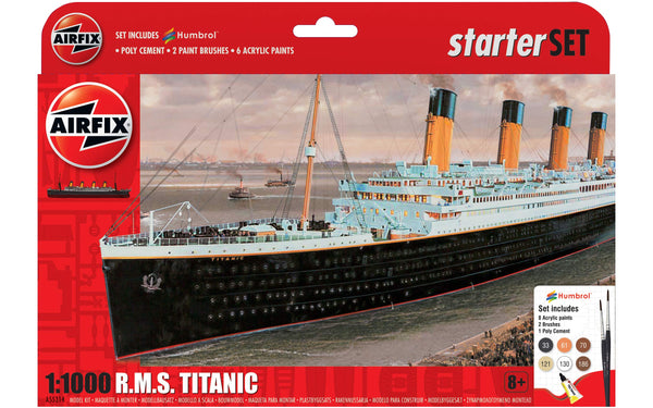 Airfix RMS Titanic Starter Set - Plastic Model Kits, Model Ship & Boat Building Kits for Adults, Includes: 1:1000 Scale Model, 8 Humbrol Acrylic Paints, 2 Brushes & 1 Poly Cement