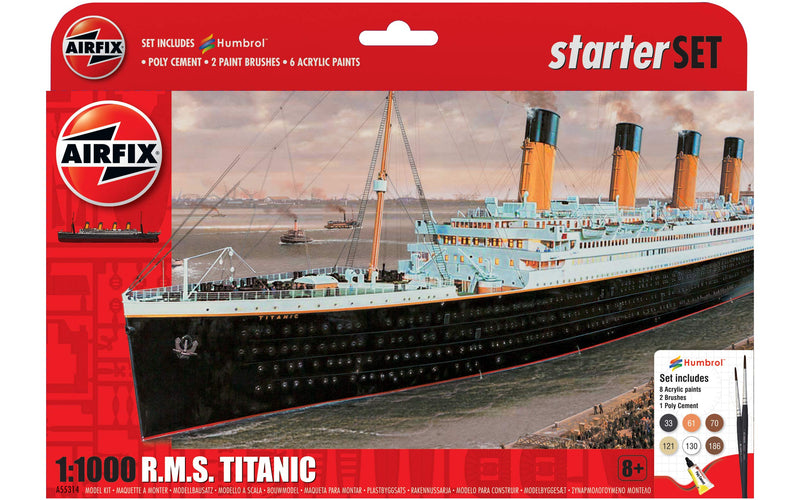 Airfix RMS Titanic Starter Set - Plastic Model Kits, Model Ship & Boat Building Kits for Adults, Includes: 1:1000 Scale Model, 8 Humbrol Acrylic Paints, 2 Brushes & 1 Poly Cement