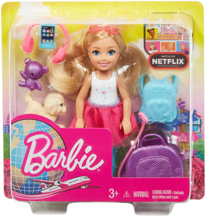 Barbie Dreamhouse Adventures Doll, Blonde Chelsea Doll with Pink Skirt, Toy Puppy, Backpack, Travel Set and Doll Accessories, Toys for Ages 3 and Up, One Barbie Doll, FWV20