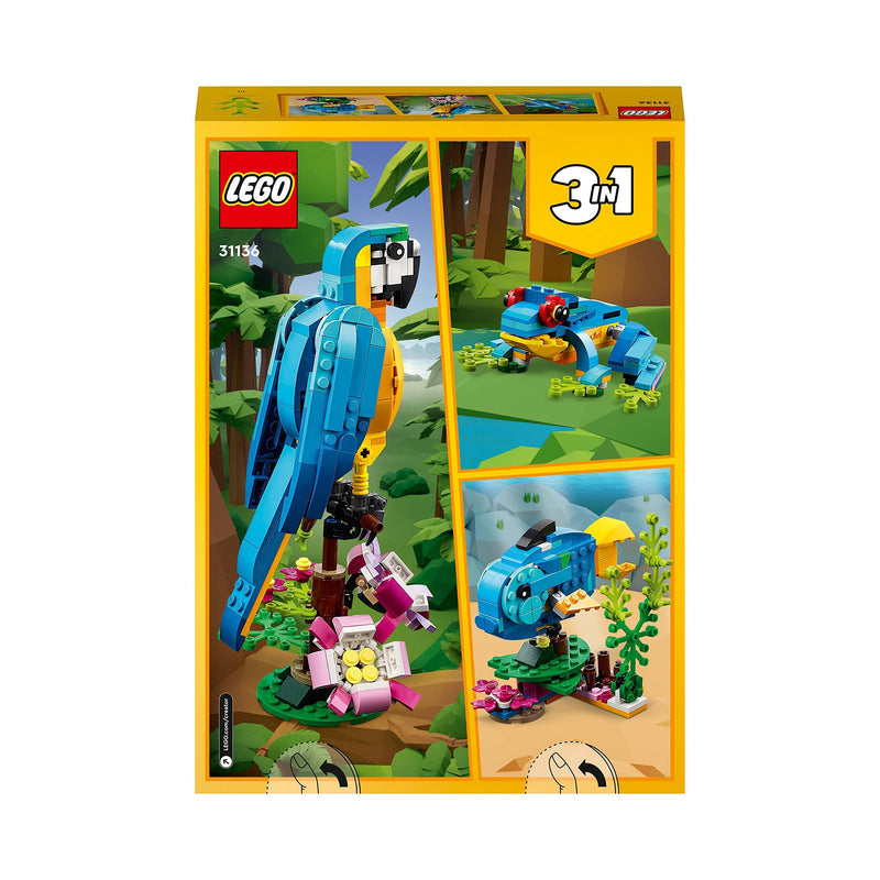 LEGO 31136 Creator 3 in 1 Exotic Parrot to Frog to Fish Animal Figures Building Toy, Creative Toys for Kids Aged 7 and up