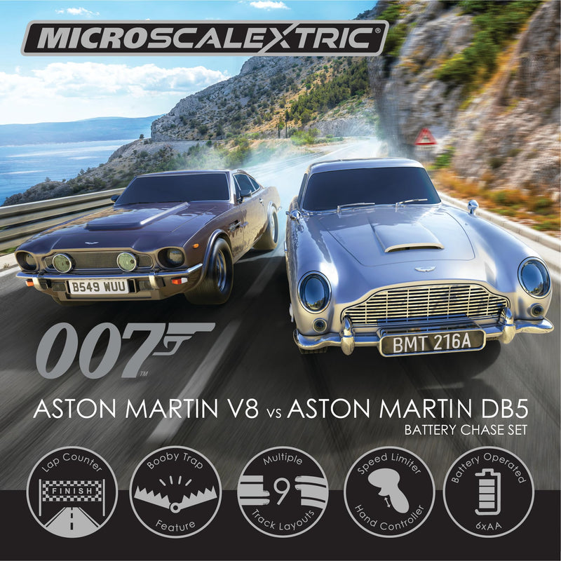 Micro Scalextric Sets for Kids Age 4+, James Bond 007 Race Set - Aston Martin - Battery Powered Electric Racing Track, Slot Car Race Tracks - Includes: 2x Cars, Track, Battery Powerbase & Controllers