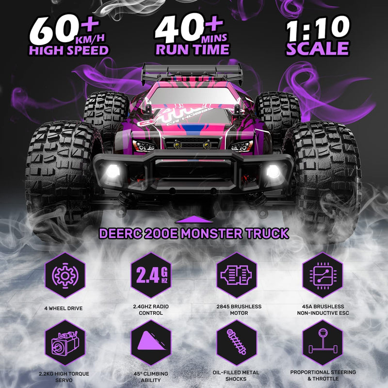 DEERC Large Brushless Remote Control Car 1:10, High Speed RC Cars 37 MPH, 2 Battery 40+ Min, 2 Shell LED Headlight All Terrain Off Road Monster Truck for Adults Kids(200E)