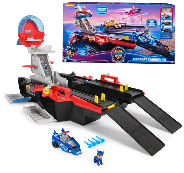 Paw Patrol: The Mighty Movie Aircraft Carrier HQ, with Chase Action Figure and Mighty Pups Cruiser, Kids’ Toys for Boys and Girls 3+